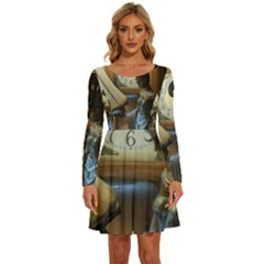 Lady Long Sleeve Wide Neck Velvet Dress
