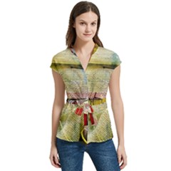 Fabrics Women s Cap Sleeve Mandarin Collar Waist Tie Blouse