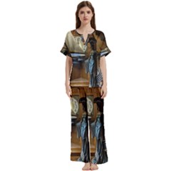 Lady Short Sleeve Long Pants Satin Pajamas Set
