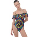 Peace Abstract Pattern Creative Drawing Frill Detail One Piece Swimsuit View1