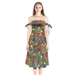 Shapes Pattern Shoulder Tie Bardot Midi Dress