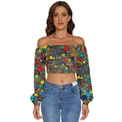 Shapes Pattern Long Sleeve Crinkled Weave Crop Top