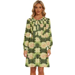 Retro 1880s Flowers Pattern 15 Women s Round Neck Long Sleeve Bow Deco Dress