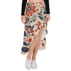 Retro Scandinavian Nordic Flowers Pattern Asymmetrical Ruffle Hem Skirt 