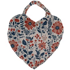Retro Scandinavian Nordic Flowers Pattern Giant Heart Shaped Tote