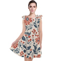 Retro Scandinavian Nordic Flowers Pattern Tie Up Tunic Dress