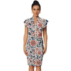 Retro Scandinavian Nordic Flowers Pattern Vintage Frill Sleeve V-neck Bodycon Dress