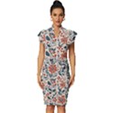 Retro Scandinavian Nordic Flowers Pattern Vintage Frill Sleeve V-Neck Bodycon Dress View1