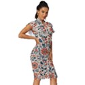 Retro Scandinavian Nordic Flowers Pattern Vintage Frill Sleeve V-Neck Bodycon Dress View3
