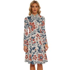 Retro Scandinavian Nordic Flowers Pattern Long Sleeve Shirt Collar A-line Dress