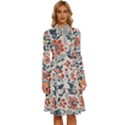 Retro Scandinavian Nordic Flowers Pattern Long Sleeve Shirt Collar A-Line Dress View1