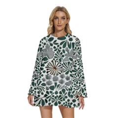 Retro Scandinavian Nordic Flowers Pattern 5 Round Neck Long Sleeve Bohemian Style Chiffon Mini Dress