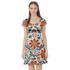Retro Scandinavian Nordic Flowers Pattern 3 Short Sleeve Skater Dress