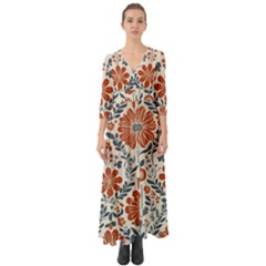 Retro Scandinavian Nordic Flowers Pattern 3 Button Up Boho Maxi Dress