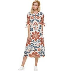 Retro Scandinavian Nordic Flowers Pattern 3 Bow Sleeve Chiffon Midi Dress