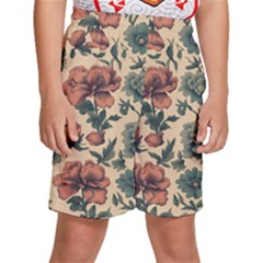 Victorian Beige And Teal Flower Pattern Kids  Basketball Shorts