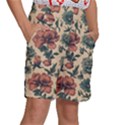 Victorian Beige And Teal Flower Pattern Kids  Basketball Shorts View3