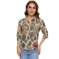 Victorian Beige And Teal Flower Pattern Women s Quarter Sleeve Pocket Shirt
