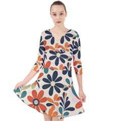 Retro Scandinavian Nordic Flowers Pattern 2 Quarter Sleeve Front Wrap Dress