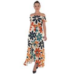 Retro Scandinavian Nordic Flowers Pattern 2 Off Shoulder Open Front Chiffon Dress