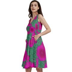 Mid Century Retro Floral 1970s 1960s Pattern 97 Sleeveless V-neck Skater Dress With Pockets