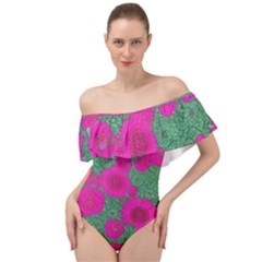 Mid Century Retro Floral 1970s 1960s Pattern 97 Off Shoulder Velour Bodysuit 