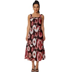 Mid Century Retro Floral 1970s 1960s Pattern 96 Square Neckline Tiered Midi Dress
