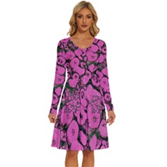Mid Century Retro Floral 1970s 1960s Pattern 100 Long Sleeve Dress With Pocket