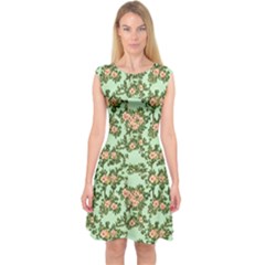Retro 1880s Flowers Pattern 5 Capsleeve Midi Dress