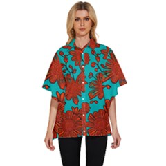 Mid Century Retro Floral 1970s 1960s Pattern 103 Women s Batwing Button Up Shirt
