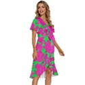Mid Century Retro Floral 1970s 1960s Pattern 98 Women s Kimono Wrap Satin Dress View3