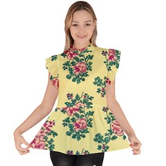 Retro 1880s Flowers Pattern 8 Ruffle Collar Short Sleeve Chiffon Top
