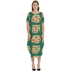 Retro 1880s Flowers Pattern 6 Cold Shoulder Loose Fit Dress With Pockets