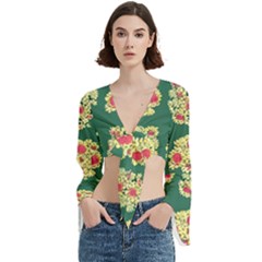 Retro 1880s Flowers Pattern 6 Trumpet Sleeve Cropped Top