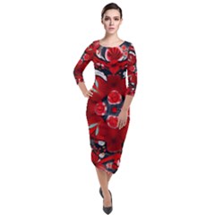 Mid Century Retro Floral 1970s 1960s Pattern 105 Quarter Sleeve Midi Velour Bodycon Dress