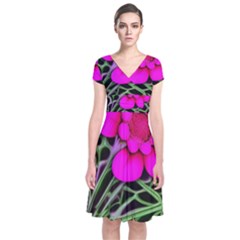 Mid Century Retro Floral 1970s 1960s Pattern 99 Short Sleeve Front Wrap Dress