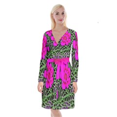 Mid Century Retro Floral 1970s 1960s Pattern 99 Long Sleeve Velvet Front Wrap Dress