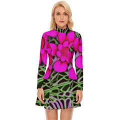 Mid Century Retro Floral 1970s 1960s Pattern 99 Long Sleeve Velour Longline Dress