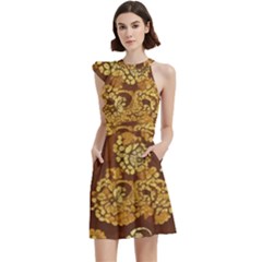 Mid Century Retro Floral 1970s 1960s Pattern 95 Cocktail Party Halter Sleeveless Dress With Pockets