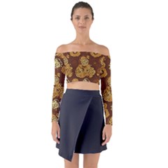 Mid Century Retro Floral 1970s 1960s Pattern 95 Long Sleeve Off Shoulder Crop Top
