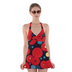 Mid Century Retro Floral 1970s 1960s Pattern 104 Halter Dress Swimsuit 