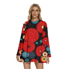 Mid Century Retro Floral 1970s 1960s Pattern 104 Round Neck Long Sleeve Bohemian Style Chiffon Mini Dress