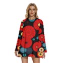 Mid Century Retro Floral 1970s 1960s Pattern 104 Round Neck Long Sleeve Bohemian Style Chiffon Mini Dress View1