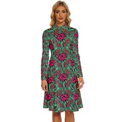 Retro 1880s Flowers Pattern 3 Long Sleeve Shirt Collar A-line Dress
