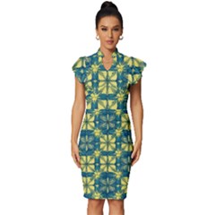 Royal Fractal Pattern 2 Vintage Frill Sleeve V-neck Bodycon Dress