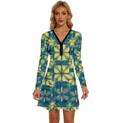 Royal Fractal Pattern 2 Long Sleeve Deep V Mini Dress 