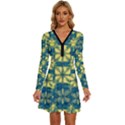 Royal Fractal Pattern 2 Long Sleeve Deep V Mini Dress  View1