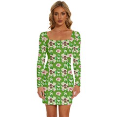 Retro 1880s Flowers Pattern 4 Long Sleeve Square Neck Bodycon Velvet Dress