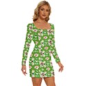 Retro 1880s Flowers Pattern 4 Long Sleeve Square Neck Bodycon Velvet Dress View3