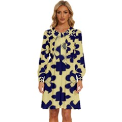 Royal Fractal Pattern 3 Women s Round Neck Long Sleeve Bow Deco Dress